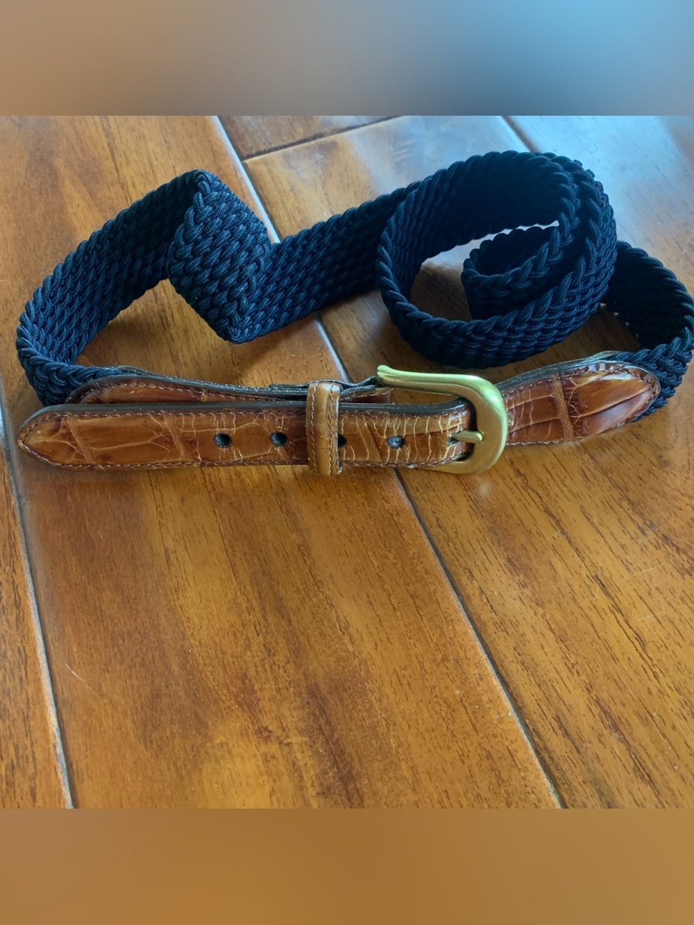 Brighton Mens Belt 40" Croco Tab Taper Elastic Cord & Leather Navy Blue Preppy